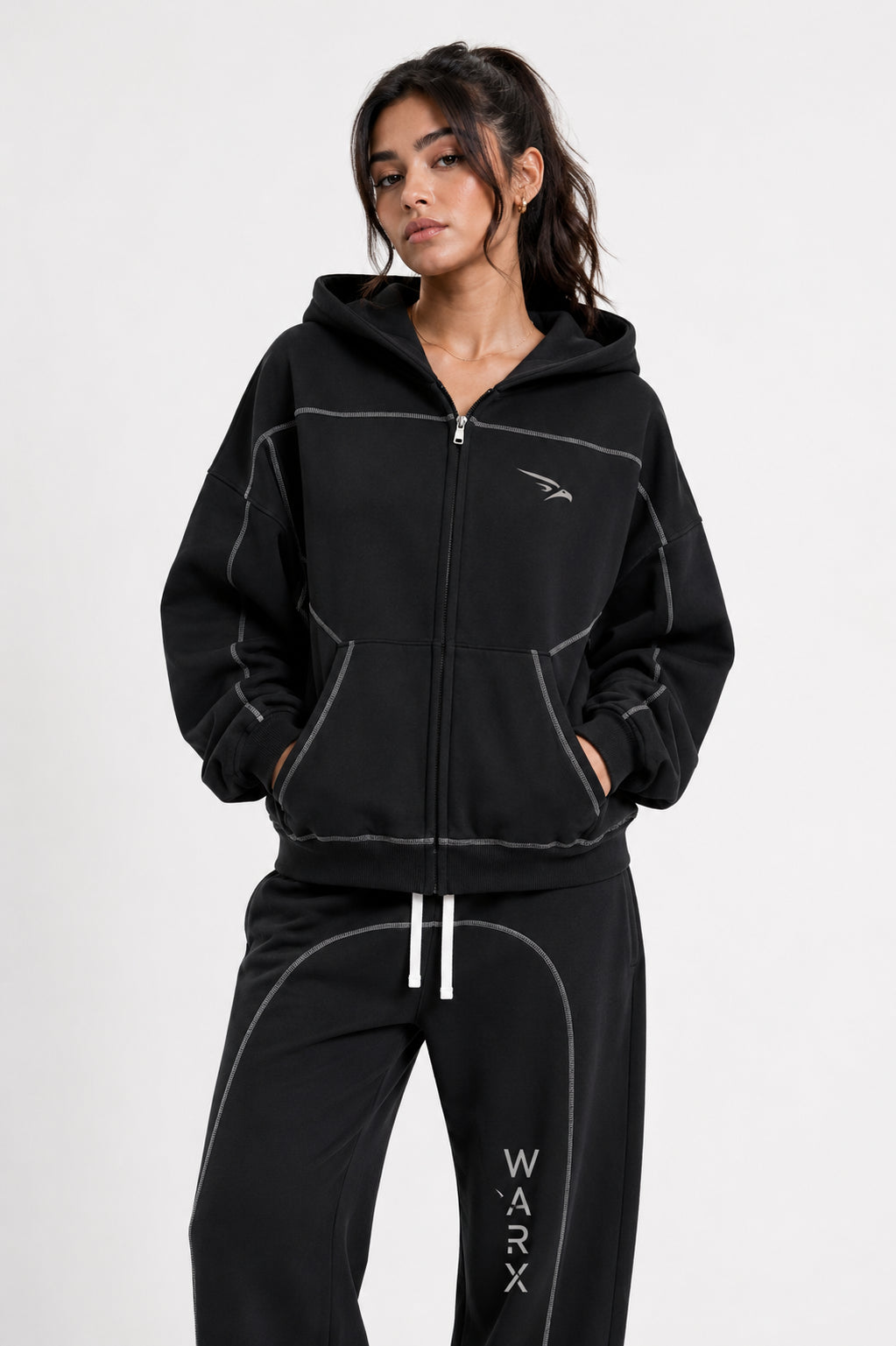 WARX Contrast-Stitched Boxy Fleece Zip Hoodie