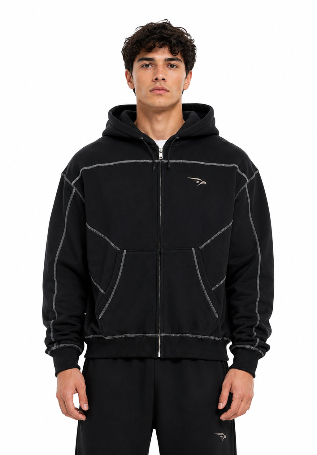 WARX Contrast-Stitched Boxy Fleece Zip Hoodie