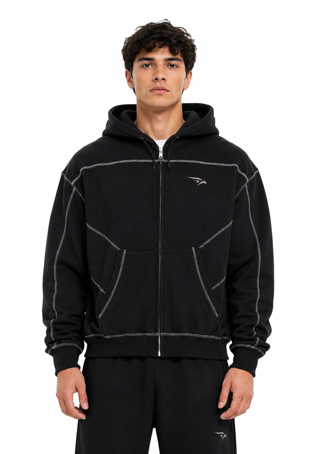WARX Contrast-Stitched Boxy Fleece Zip Hoodie
